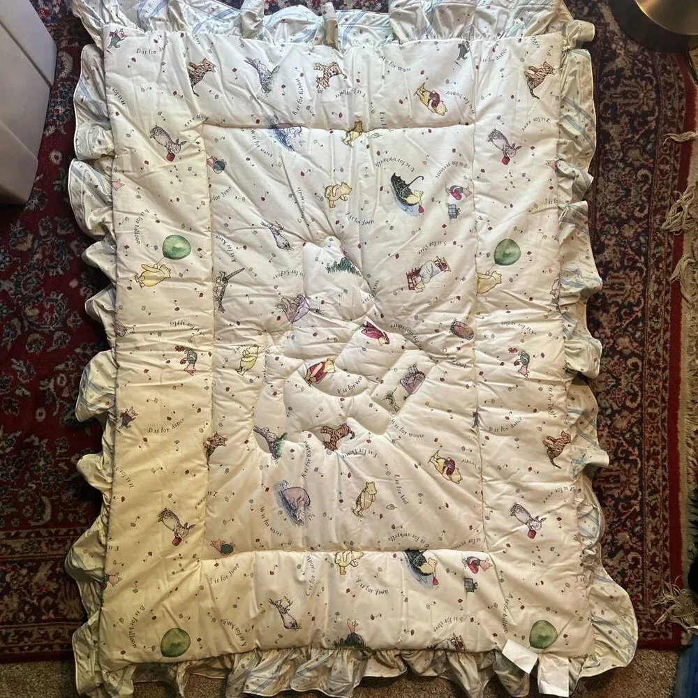 VTG Winnie the Pooh Baby Quilt Blanket Comforter Ruffles Crib 90s Alphabet